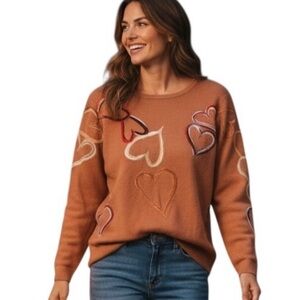 A.Z.I Large Heart Design Sweater Size Large Cozy Pullover Cute Valentine Brown
